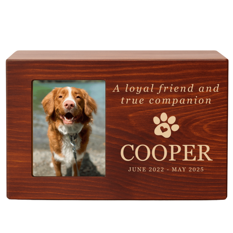 Personalised Wooden Dog Urn Box with Photo – Engraved Memorial Box for Ashes with Name, Dates & Tribute