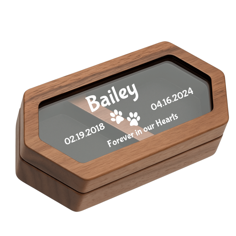 Personalised Wooden Dog Keepsake Box with Mini Paw Prints Design – Pet Fur Memorial with Acrylic Lid Engraved with Name, Dates &
