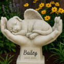 Statue chien ange au creux des mains personnalisée – En résine résistante aux intempéries avec nom & dates en écriture cursive