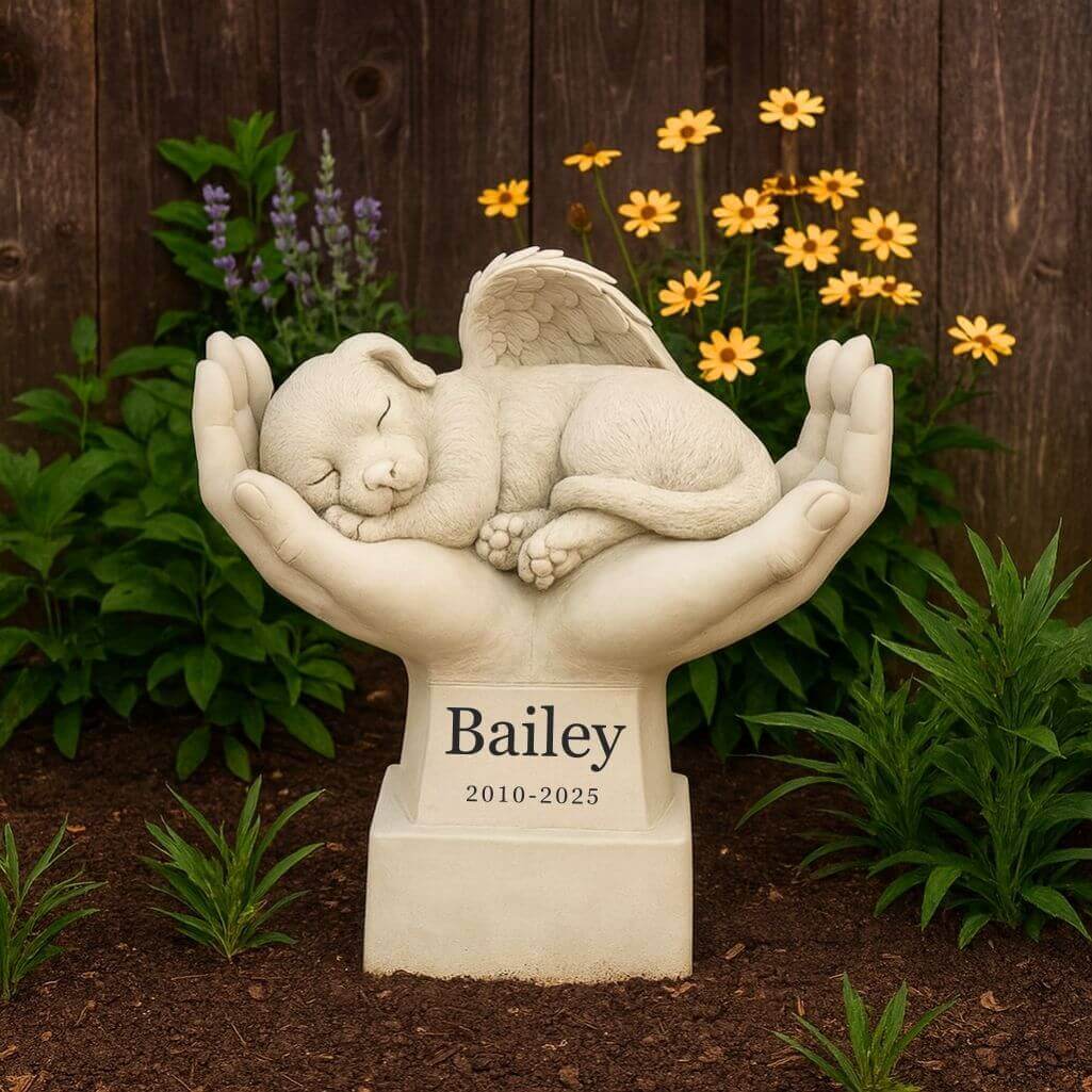 Statue chien ange au creux des mains personnalisée – Statuette en résine résistante aux intempéries pour jardin avec nom et dates