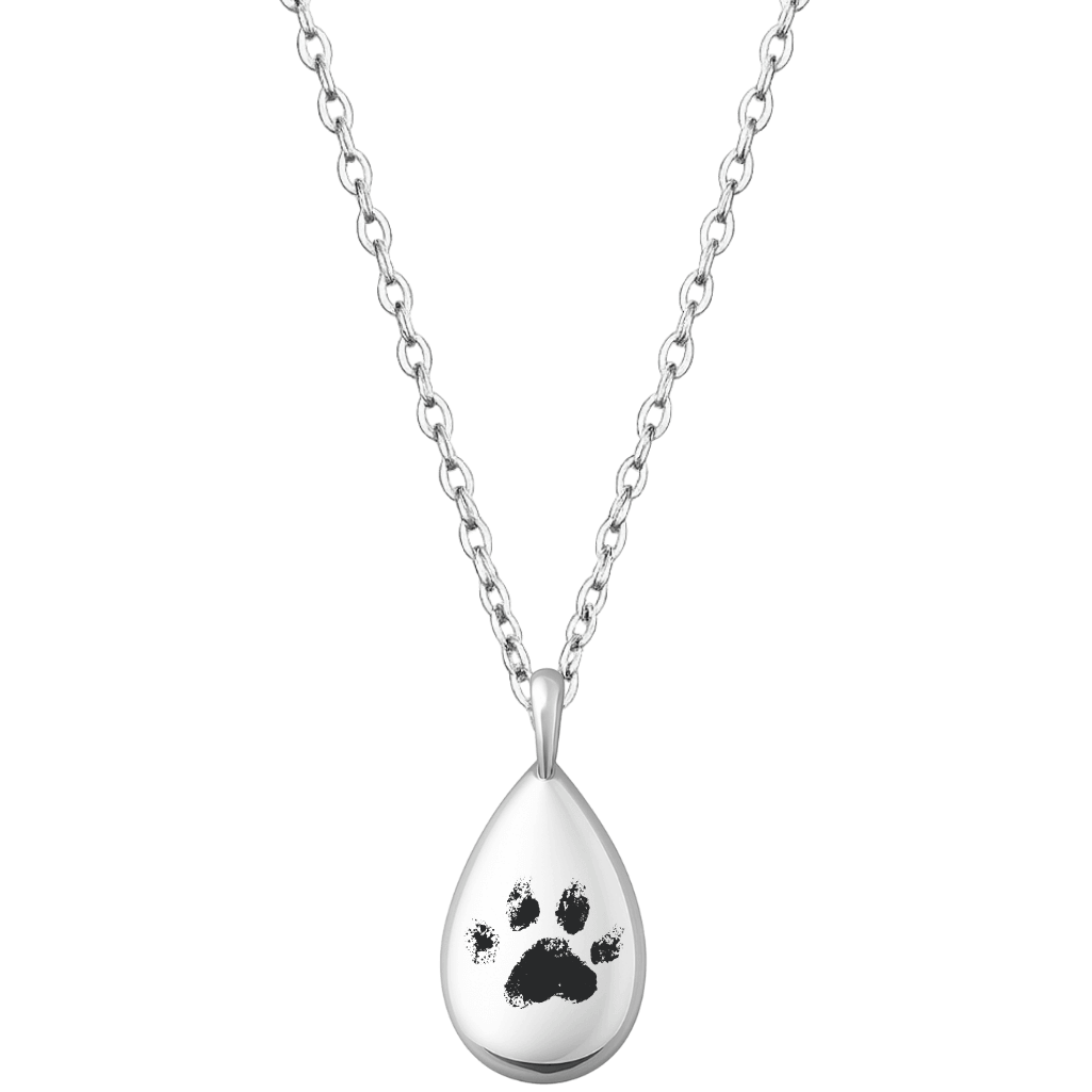 Personalised Dog Memorial Teardrop Urn Necklace – Engraved Pet Paw Print Ashes Keepsake