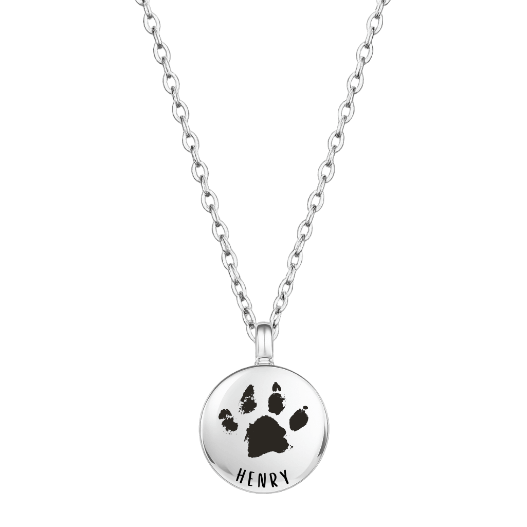 Personalised Dog Memorial Round Urn Necklace – Engraved Pet Paw Print Ashes Keepsake with Name