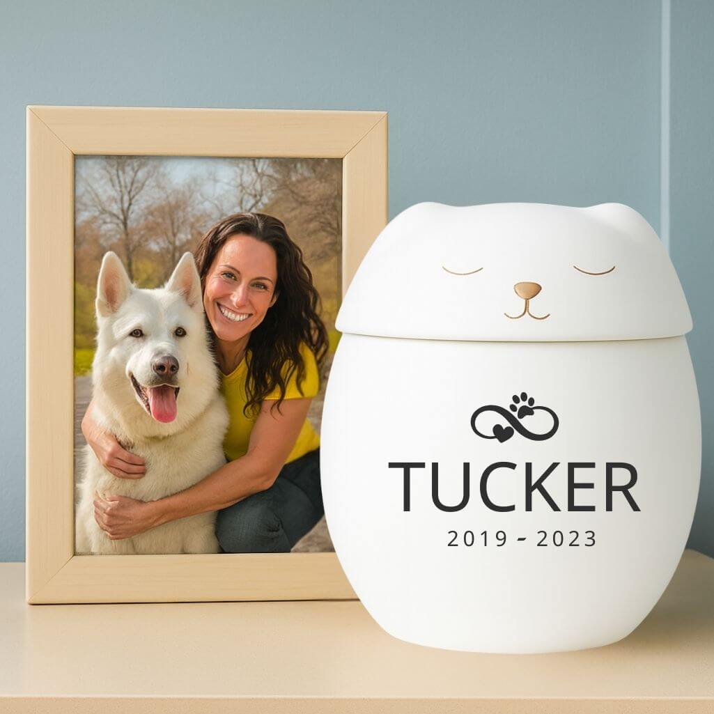 Personalised Ceramic Dog Urn with Sleeping Pet Lid – Pet Cremation Urn for Ashes with Name, Dates & Eternal Love Design