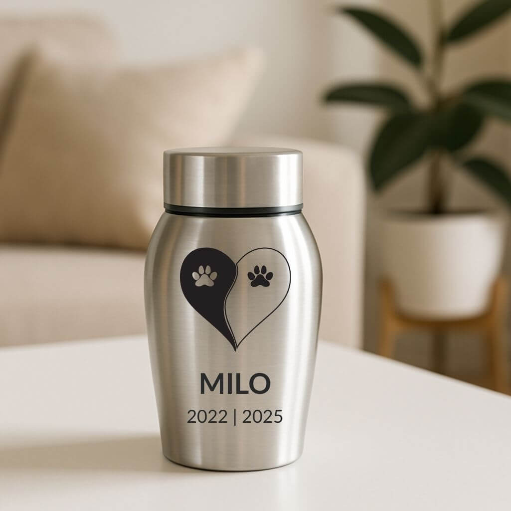Personalised Dog Urn with Engraved Name, Dates & Yin Yang Paw Design  – Pet Memorial Stainless Steel Urn