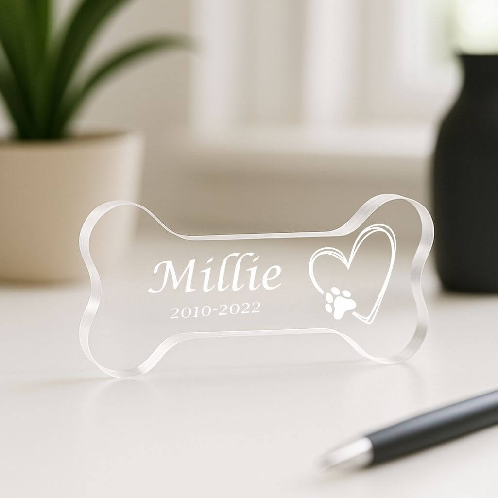 Personalised Dog Memorial Gift - Bone-Shaped Engraved Pet Memorial Acrylic Plaque with Name, Dates & Heart Paw Design