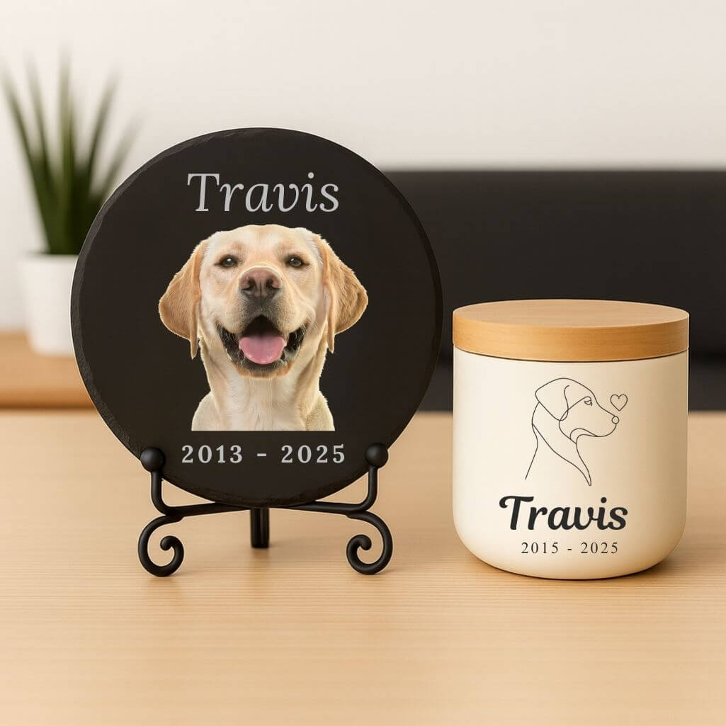 Personalised Round Slate Dog Memorial Plaque – Pet Memorial Gift with Photo, Engraved Name & Dates