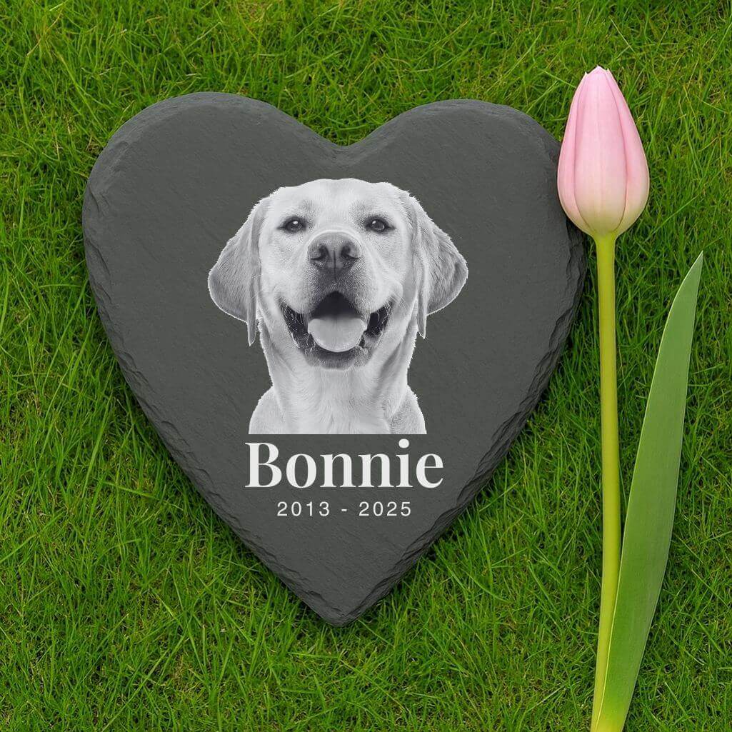 Personalised Heart Dog Grave Marker with Photo – Slate Pet Memorial Garden Plaque with Name & Dates