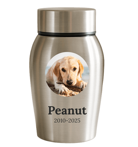 Personalised Dog Urn with Photo in a Heartfelt Halo Frame – Engraved Stainless Steel Memorial Urn with Name & Dates